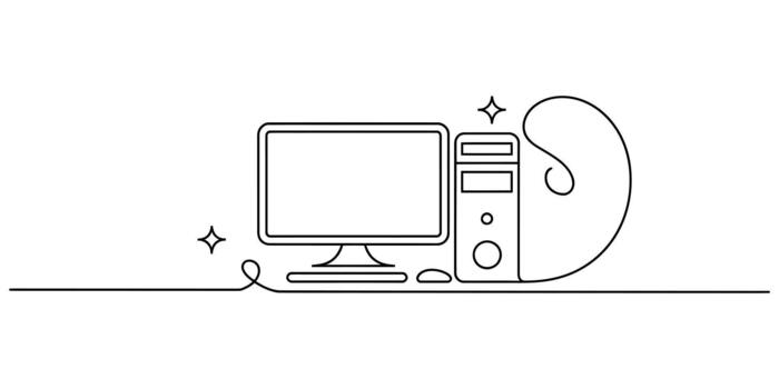 Single line art of personal computer with monitor and cpu unit. vector