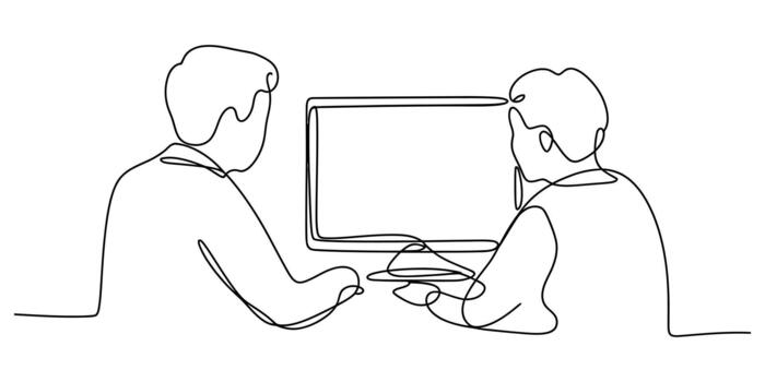 continuo línea Arte de dos personas trabajando juntos en un computadora vector