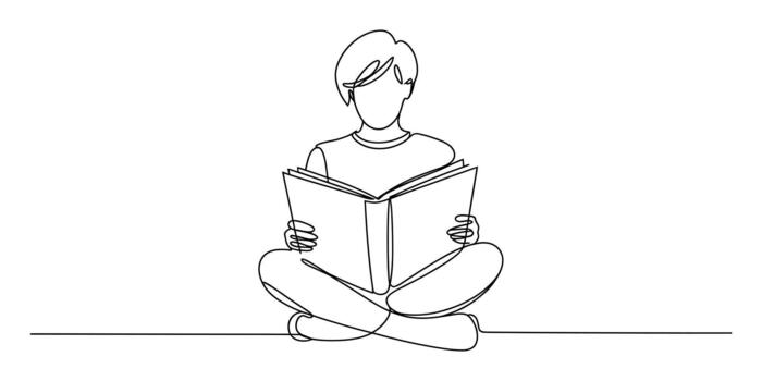 Continuous line art of a person sitting, cross-legged, reading vector