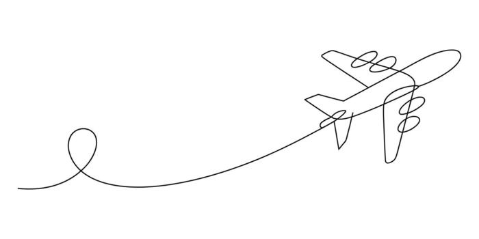 Minimalist one line drawing airplane with a looping travel path vector