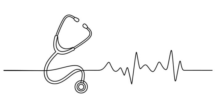 Stethoscope and heart rate pulse in minimalist line art design. vector