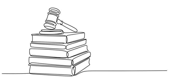 continuo línea dibujo de un del juez mazo en un apilar de ley libros vector