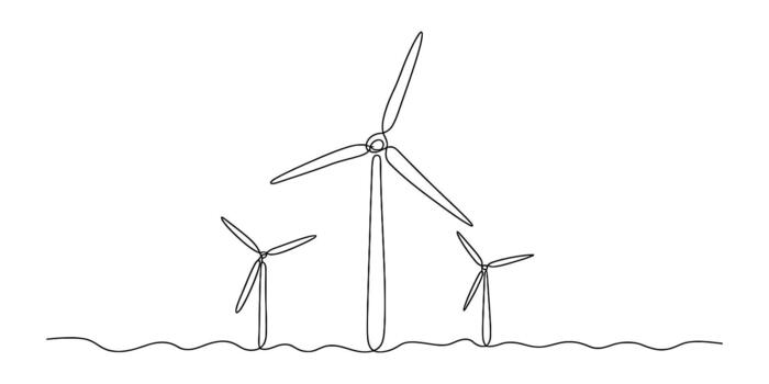 Continuous line drawing of wind turbines, renewable energy source vector