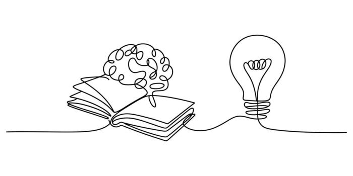 continuo línea Arte de cerebro, libro, ligero bulbo para conocimiento vector