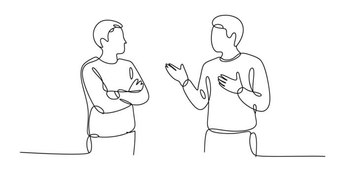 Continuous line art of two men discussing on white background vector