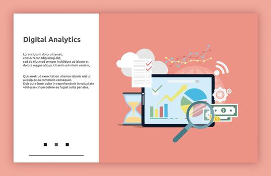 Digital analytics illustration with graphs and magnifying glass vector