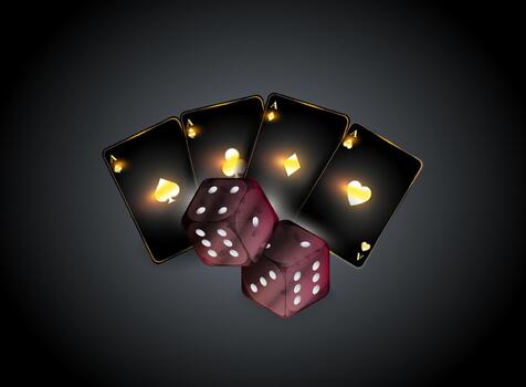 Two white red dice rest in front of a fan of four playing cards vector