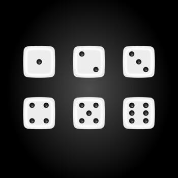 Six white dice are arranged in two rows of three on a dark background vector