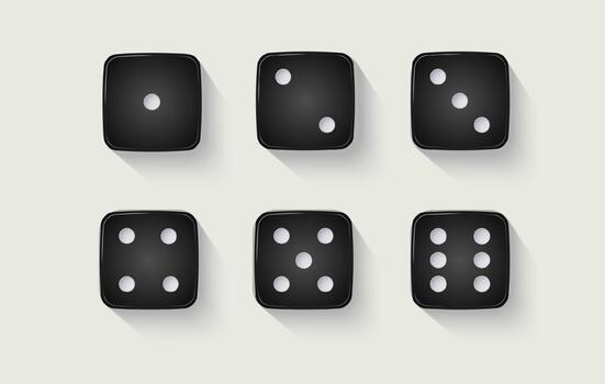 Six black dice are arranged in two rows, each displaying different numbers of white pips from one to six vector