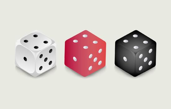Three dice are shown, each with different colors white, red, and black vector