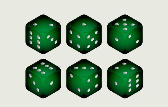 Six green dice are arranged in two rows of three on a white background vector