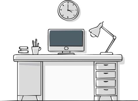 Computer desk with lamp and clock illustration vector