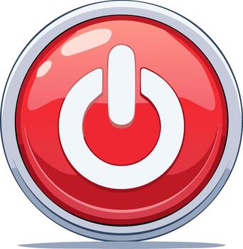 Red power button symbol with white border and metallic ring on white background vector