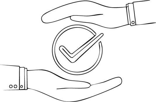 Hands protecting a checkmark symbol, symbolizing security, approval, and agreement vector