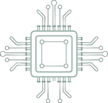 Stylized line drawing of a central processing unit with outgoing circuit lines and contact points vector