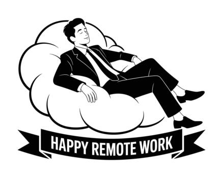 Man in suit relaxing on cloud with happy remote work banner vector