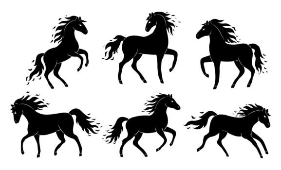 Silhouetted horses in motion showcasing trotting and prancing styles in different poses against a simple, light background vector