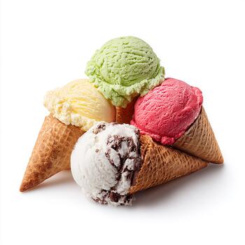Assorted ice creams in multiple shapes and bright colors displayed on clean white background photo