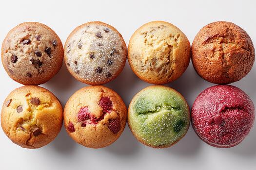 Top down view of assorted muffins in different flavors displayed in a realistic bright setup photo