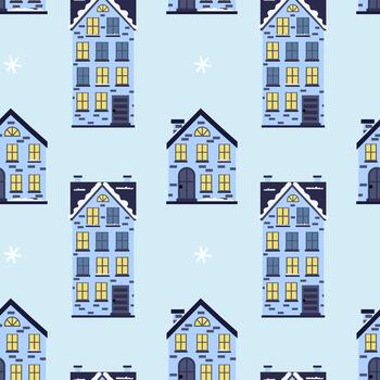 Pattern of colorful houses with a light blue background creating a cheerful atmosphere vector