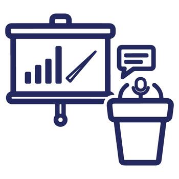 Business presentation with bar graph and speaker delivering a speech on stage showcasing company growth and strategy vector
