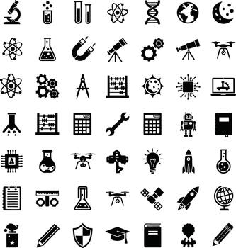 Diverse collection of science and technology icons in a grid layout vector
