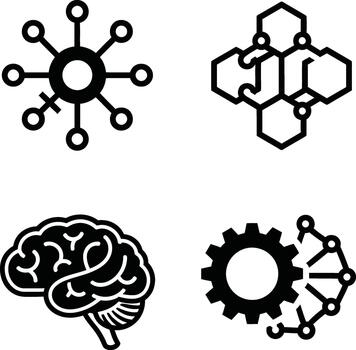 Set of four icons representing technology science and artificial intelligence concepts vector