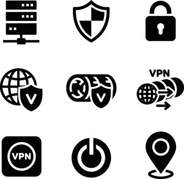 Cybersecurity and vpn icons including server shield lock globe and power button vector