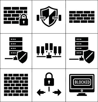 Cybersecurity icons representing firewalls network security and data protection vector