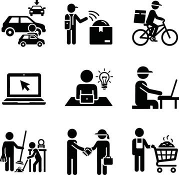 Collection of diverse business and service icons representing modern life and work vector