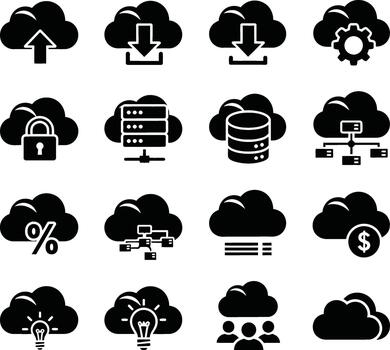 Cloud computing icons representing various digital services and data management functions vector