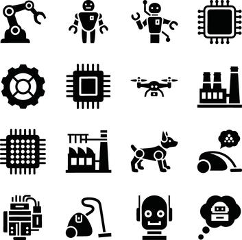 Collection of black and white icons representing technology and automation vector