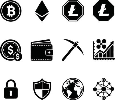 colección de criptomoneda y blockchain tecnología íconos en un blanco antecedentes vector