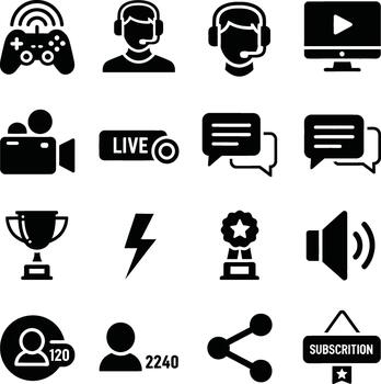 Gaming and streaming icons set with controller and computer monitor vector