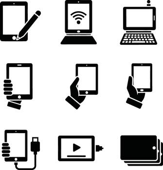 colección de digital dispositivo íconos demostración uso y conectividad vector