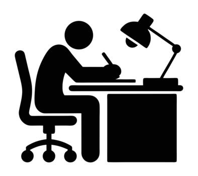 Person writing at desk icon with lamp, studying, working, learning symbol graphic vector