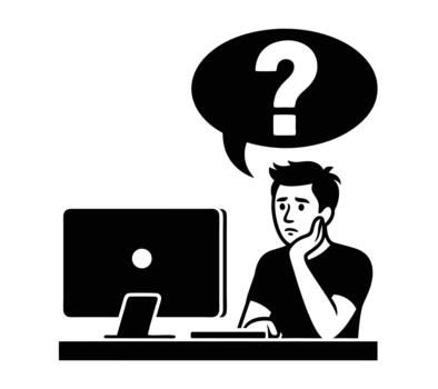 Confused man with question mark over head working on computer, seeking resolution vector