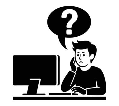 Confused man looking at computer screen with question mark thought bubble. icon vector