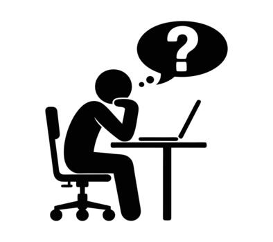 Pondering person with question mark, deep thinking at desk with laptop, problem vector