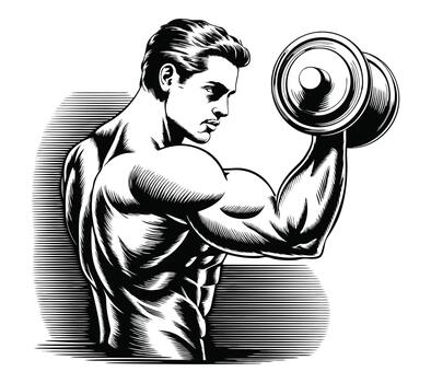 muscular hombre ejecutando bíceps rizo con pesa, demostración fuerza y aptitud en ilustración aislado en blanco antecedentes vector