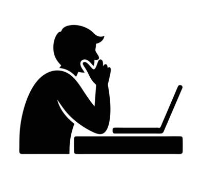 Silhouette of a person thinking deeply while using a laptop, problem-solving icon. vector