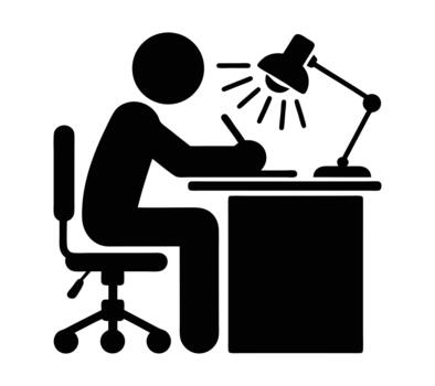 Person studying or working at a desk under a bright lamp, focused learning icon vector