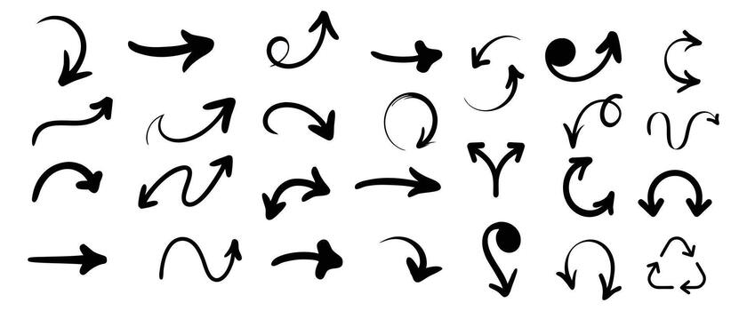 Hand drawn arrow doodles collection, various directional symbols, pointer set, sketch vector