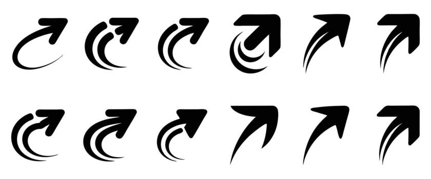 Set of diverse black arrow icons, dynamic navigation and directional symbols vector