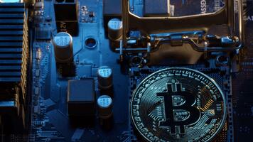 bitcoin brytning. BTC mynt i cpu central processor uttag på digital pc moderkort. marknadsföra handel kontantlös e-handel. guld bitcoin kryptovaluta isolerat på dator styrelse. ny virtuell pengar video