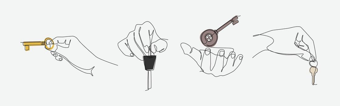 Set of hands holding various keys in continuous one line drawing style. Success, security, treasure, property, vehicle concept. Editable illustration. vector