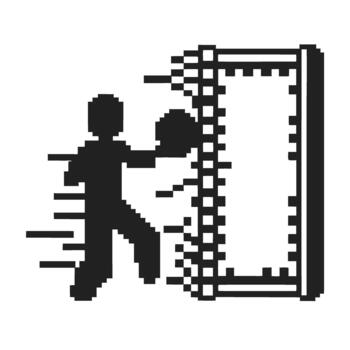 Pixel art basketball player performing slam dunk retro game silhouette, dynamic action, digital minimal design vector