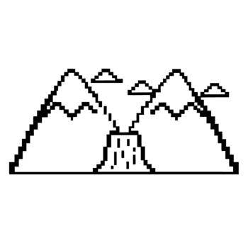 Pixel art volcano erupting between mountains with clouds minimalist 8 bit outline, retro computer landscape vector
