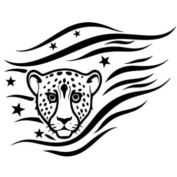 Cheetah face with stars and flowing lines black wild cat illustration, abstract pattern, speed, and strength concept vector