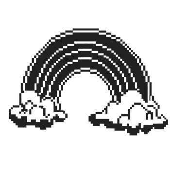 píxel Arte arco iris con mullido nubes retro negro y blanco digital ilustración, minimalista 8 poco estilo, nostálgico juego diseño vector